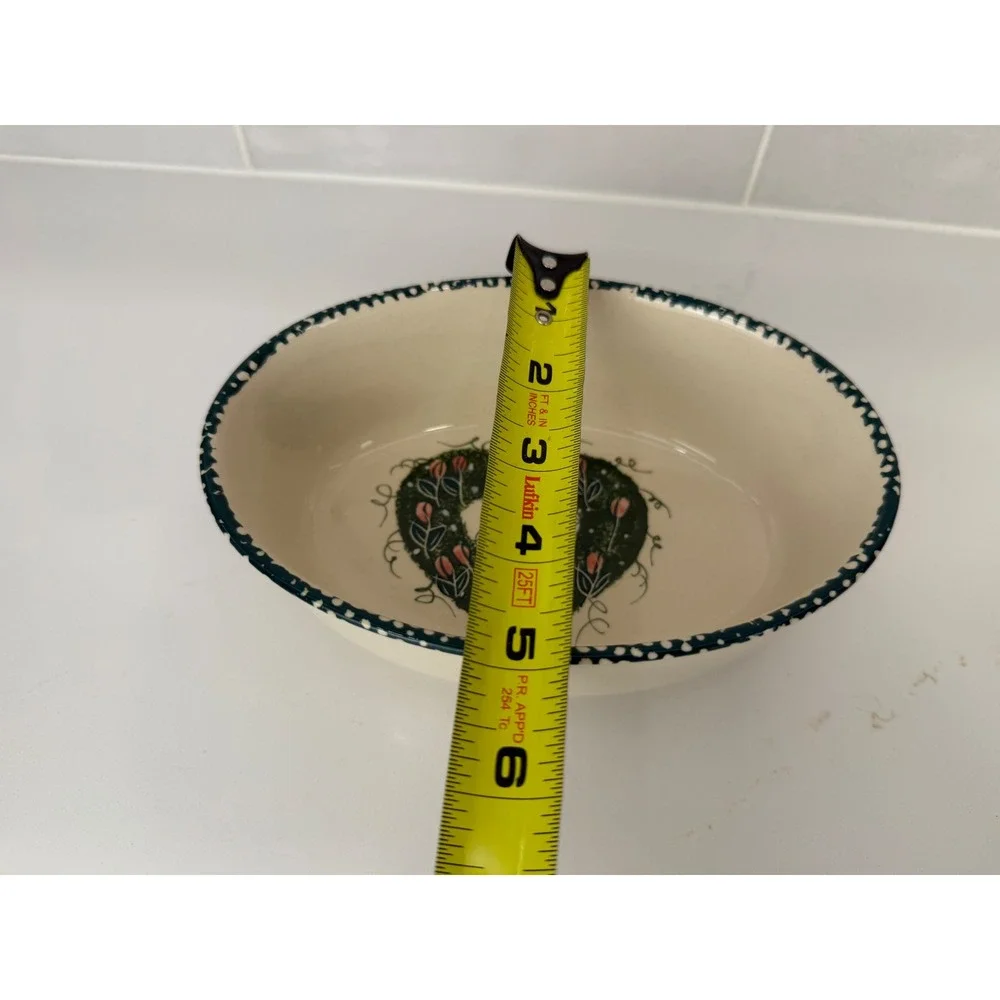 Nesting Bowls Oval Stoneware Heart Tulip Set of 3 Cream Green Country 90s